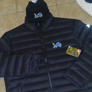 Detroit Lions Men's Full Zip Puffer Jacket Winter Coat & Knit Beanie Hat Cao NWT